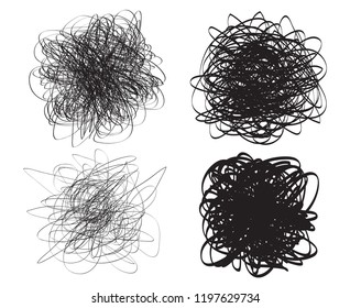 Hand drawn backgrounds with tangled lines. Chaos on white. Scrawl sketch. Intricate chaotic textures. Universal patterns. Art creation. Black and white illustration. Prints for flyers and t-shirts