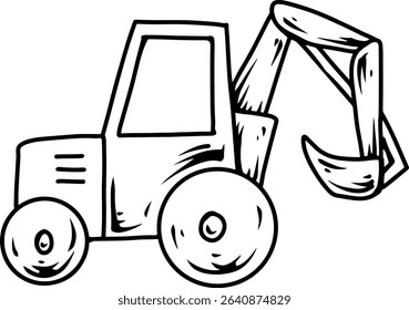 Hand drawn backhoe loader in black and white illustration