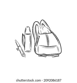 Mochila dibujada a mano, comedor y rollo de papel