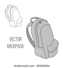 Hand drawn backpack. Contour of backpack. Satchel for travel, sport, school. Flat vector illustration of knapsack. Haversack isoleted on white background.