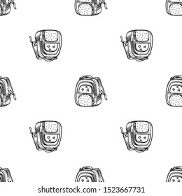 Hand Drawn backpack doodle. Sketch style icon. Seamless pattern. Isolated on white background. Flat design. Vector illustration.