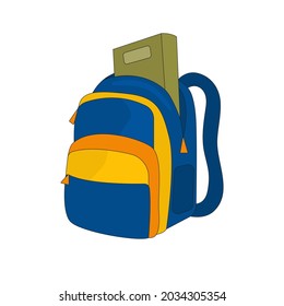 Hand drawn backpack in doodle style. School bag in beautiful colors. Bright vector illustration, blue, yellow, orange, green