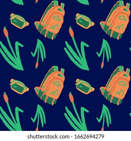 Hand drawn backpack on navy blue backdrop. Waist bag and reeds seamless pattern for bed linen, bath tile or wrap paper. Phone case or cloth print art. Stock vector illustration in cartoon style