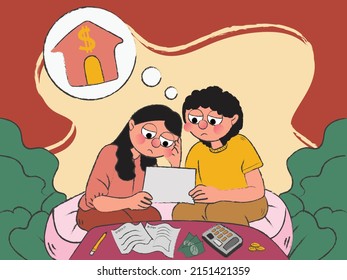 Hand drawn backrupcy concept. Couple charactor thinking of dept and loan to pay for. Financial problem flat vector illustration background.