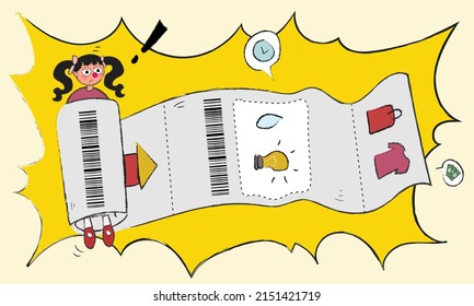 Hand drawn backrupcy concept. Woman charactor with several bills to pay for. Financial problem flat vector illustration background.