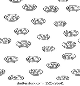 Hand Drawn bacon and eggs doodle. Sketch style icon. Seamless pattern. Isolated on white background. Flat design. Vector illustration.