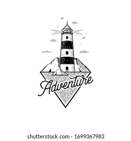 Hand Drawn badge with lighthouse and phrase Adventure Vector illustration