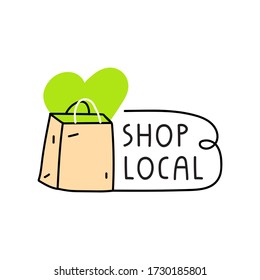 Hand drawn badge - shop local. Vector illustration on white background.