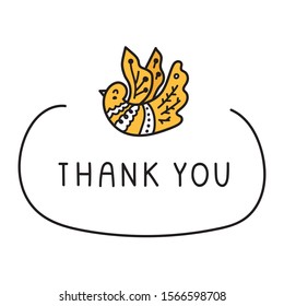 Hand drawn badge - thank you with icon of Christmas dove. Vector illustration for greeting card, t shirt, sticker, poster design.