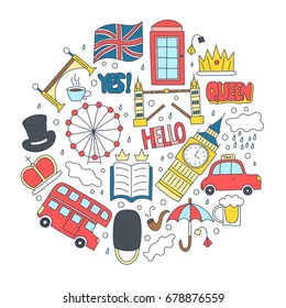 Hand drawn badges with United Kingdom symbols - bus crown cloud hat flag umbrella cup of tea, red telephone box Tower bridge Big Ben. Stickers, pins and patches in cartoon style.