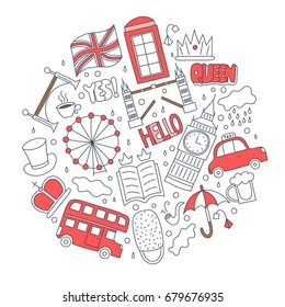 Hand drawn badges with United Kingdom symbols - bus crown cloud hat flag umbrella cup of tea, red telephone box Tower bridge Big Ben. Stickers, pins and patches in cartoon 80s-90s comic style.