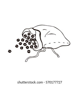 Hand drawn bag with coffee beans isolated on white background. Line art style.