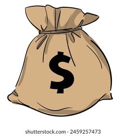 Hand drawn Bag with money vector illustration, canvas sack isolated on white.