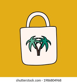 Hand drawn bag with palm tree isolated on bright background. Colorful and funny vector illustration with hand drawn outline isolated on background. For sticker, scrapbook, fabric, postcards, posters.