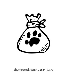 Hand drawn bag with pet food doodle. Sketch pets icon. Decoration element. Isolated on white background. Vector illustration.