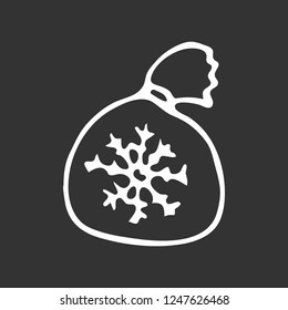 Hand drawn bag with presents doodle. Sketch winter icon. Decoration element. Isolated on black background. Vector illustration.