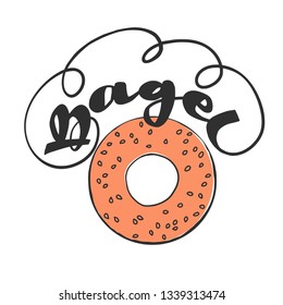 Hand drawn bagel logo. Bun with sesame and lettering text