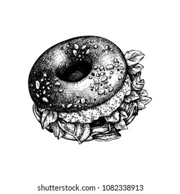 Hand Drawn Bagel Sketch. Bread Product Vector Illustrations. Fast Food Design Template. 