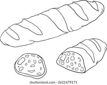 Hand drawn baguette illustration. Whole, sliced, and end piece. Sketchy French bread vector.