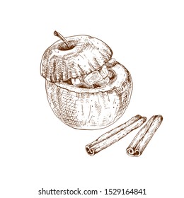 Hand drawn baked apples with cinnamon isolated on white background. Vector illustration.