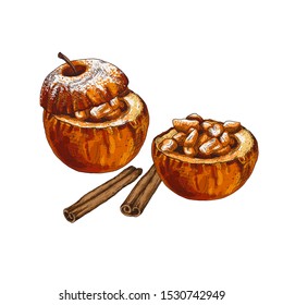Hand drawn baked apples with cinnamon isolated on white background. Vector illustration.