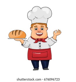 Hand drawn baker with  bread in his hand. Isolated on white background. Cartoon style. Vector illustration