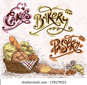 Hand Drawn Bakery Background and Calligraphic Design Elements  
