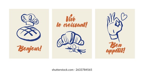 Hand drawn bakery banner set Vintage croissant and bead sketch vector illustrations