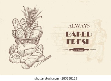 Hand drawn of bakery basket and baker