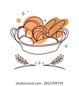 Hand Drawn Bakery Bread in Basket Vector Illustration. Bakery bread basket with fresh baguette, loaf, croissant and bun decorated with wheat ears for bakery branding, packaging, labels and food design