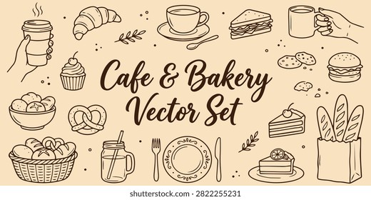 Hand drawn bakery and cafe illustration set including pastries coffee beverages bread desserts and dining accessories created for restaurant menus food packaging branding and promotional artwork.