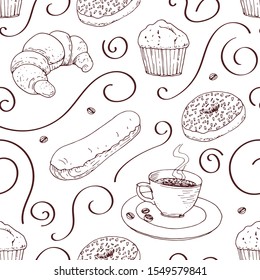 Hand drawn bakery and coffee elements - vector seamless pattern.