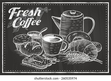 Hand Drawn Of Bakery And Coffee On Chalkboard, Vector