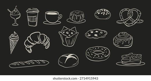 Handgezeichnete Bäckerei und Kaffeeset mit Desserts, Brot, Donuts, Croissants, Brezeln und heißen Getränken. Perfekt für Menü-Design, Branding und Bäckerei Verpackung. Vektorgrafik.
