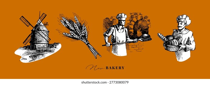 Hand drawn bakery collage set. Vintage wheat, mill and baker sketch vector illustrations. Retro menu design.