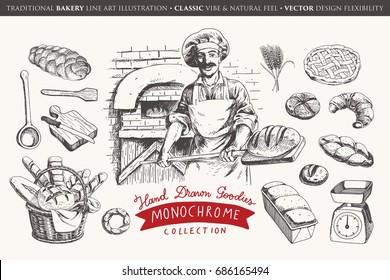 Hand drawn bakery collection with graphic elements, vector design