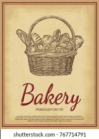 Hand drawn bakery collection. Wicker basket, Old paper background. Engraved style vector illustration. Template for your design works.