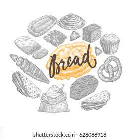 Hand drawn bakery concept with fresh bread and pastry products in circle shape isolated vector illustration 