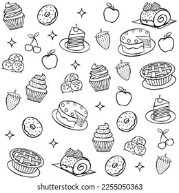 Hand drawn bakery and dessert seamless pattern on a white background. Vector illustration.
