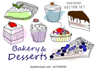 Hand drawn bakery and desserts. Colored Vector collection
