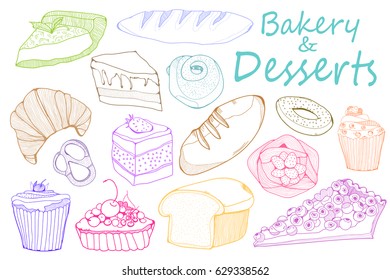 Hand drawn bakery and desserts. Colored graphic vector set