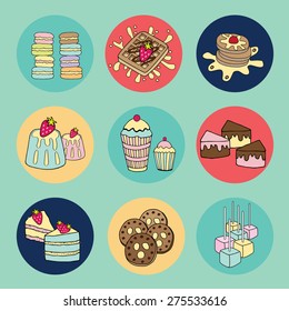 Hand drawn Bakery doodle menu set in nine circle with green pastel color illustration vector postcard
