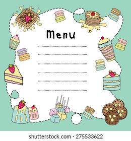 Hand drawn Bakery doodle menu  set board blank with green pastel color illustration vector with copy space 