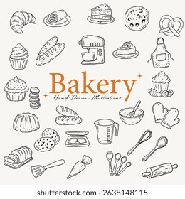 Hand drawn bakery doodle set featuring breads, cakes, cookies, muffins, tools, and baking equipment including mixer, apron, whisk, and rolling pin perfect for food designs, recipes, and cooking