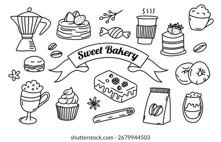 Handgezeichnete Bäckerei Doodle Set mit Kaffee und Süßigkeiten