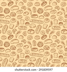 Hand drawn bakery doodles vector seamless pattern.