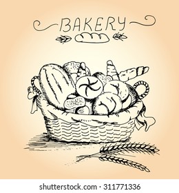 Hand drawn bakery and ears of wheat in the basket on beige background, vector illustration