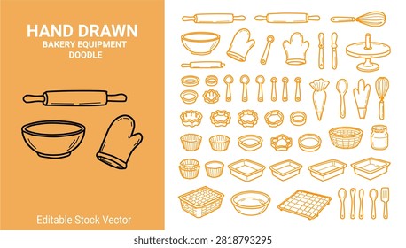 Hand drawn bakery equipment doodle icon set with baking tools kitchen utensils and pastry making supplies