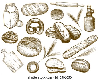 Hand drawn bakery. Freshly baked bread, wheat ears and baking flour. Sketch bakery ingredients vector illustration set. Collection of elegant monochrome vintage drawings of pastry products assortment.