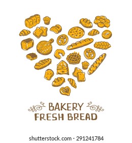 Hand drawn bakery heart poster. Bakery concept made in vector. Baguette, bun, croissant, pie, tart, toast, bagel, pretzel, focaccia, bread and other bakery products.